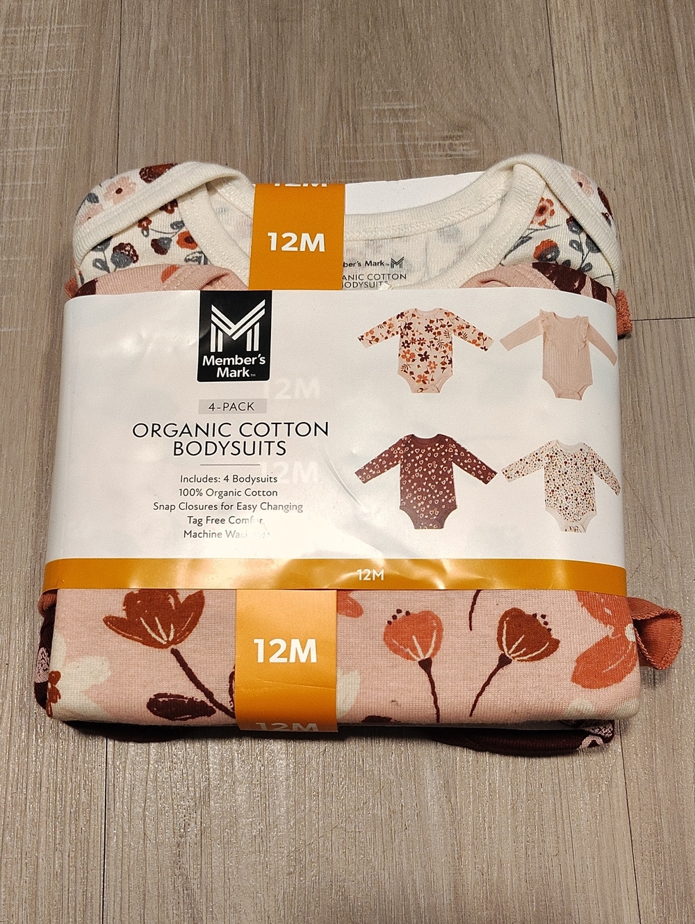 Member's Mark Organic Cotton Baby Bodysuits - Floral Pink Set (12M)